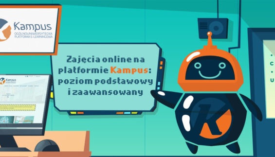 Logo ogólnouniwersyteckiej platformy e-learningowej Kampus oraz tytuł szkoleń: Zajęcia online na platformie Kampus: poziom podstawowy oraz zaawansowany