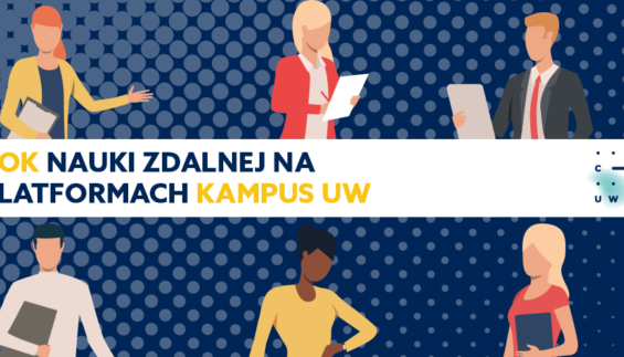 Tekst: Rok nauki zdalnej na platformach Kampus UW oraz logo CKC UW. Wokół zarysy postaci studentów i wykładowców